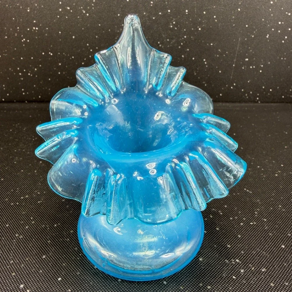 Vintage Blue Blown Art Glass Ruffled Jack in the Pulpit Vase Vessel 5in